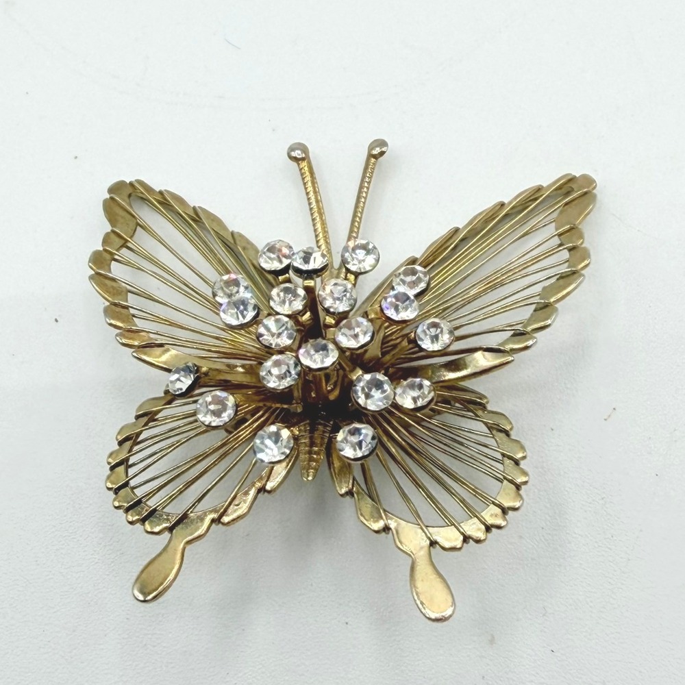 Vintage Butterfly Rhinestone Brooch Women Gold Tone Vintage Excellent Filigree